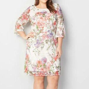 NWT Avenue Floral Crochet Bell Sleeve Sheath Dress Lined Pullover Size 26/28